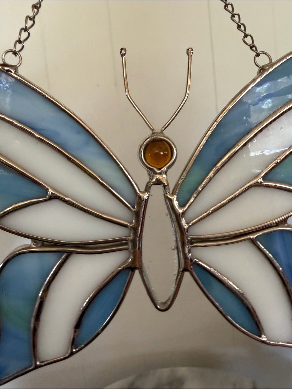 Vintage Blue White Stained Glass Butterfly Suncatcher Window Hanging Wall Decor - Picture 2 of 4